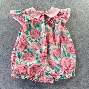 Vintage‎ 12M Baby Girl Floral Rose Bubble Romper Pink Peter Pan Collar